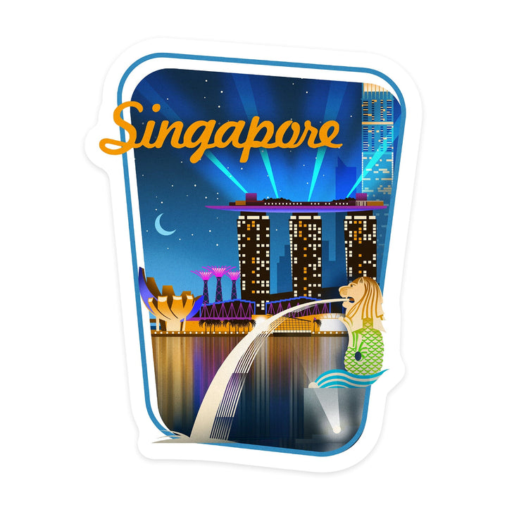 Singapore, Retro Skyline, Contour, Lantern Press Artwork, Vinyl Sticker Sticker Lantern Press