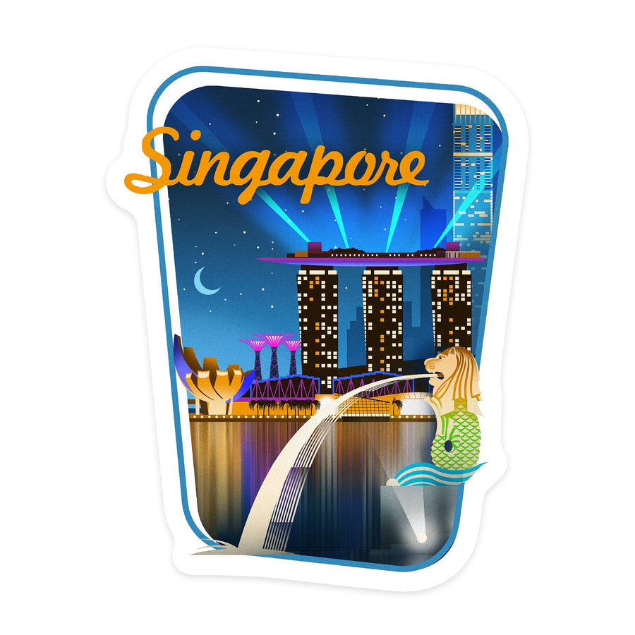 Singapore, Retro Skyline, Contour, Lantern Press Artwork, Vinyl Sticker Sticker Lantern Press