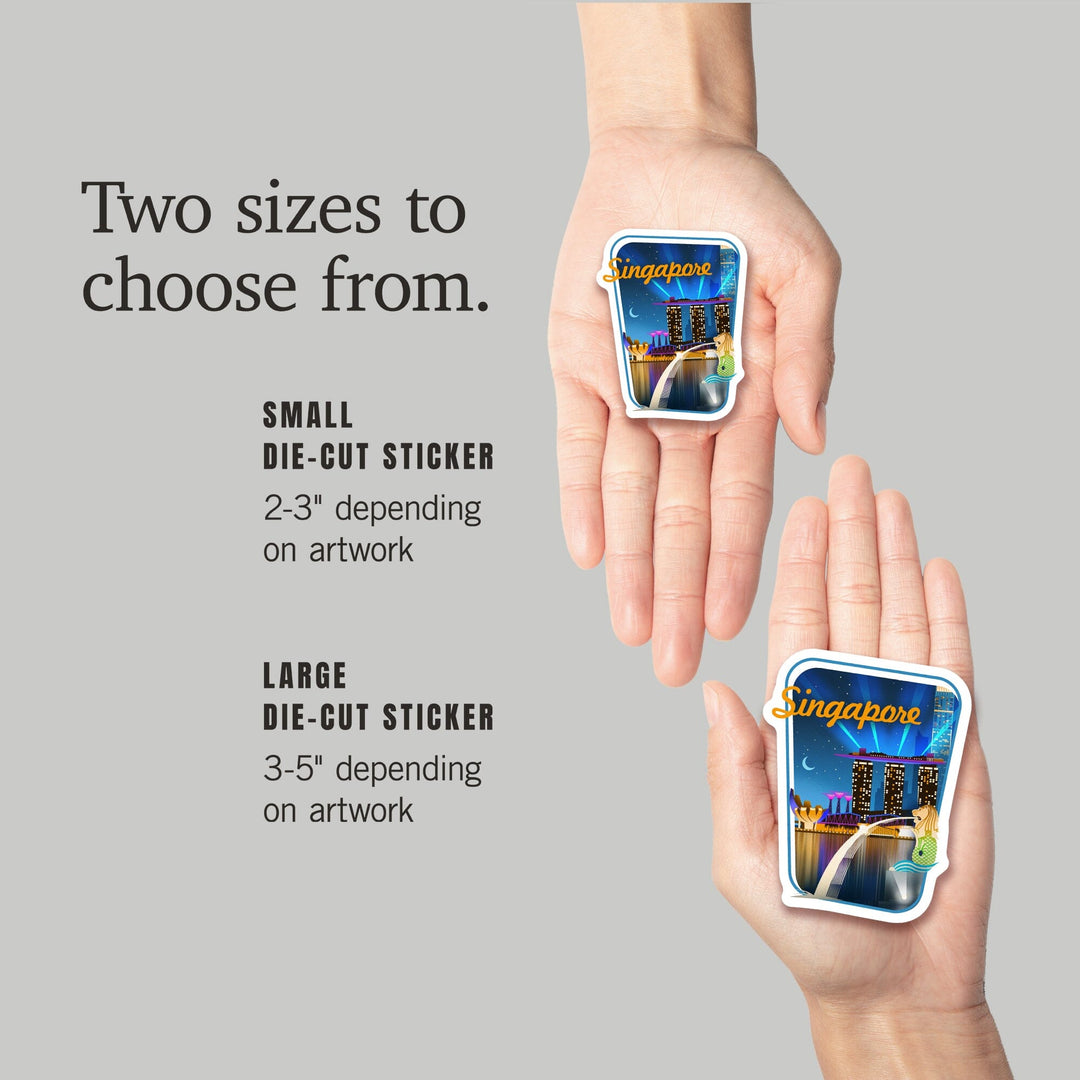 Singapore, Retro Skyline, Contour, Lantern Press Artwork, Vinyl Sticker Sticker Lantern Press