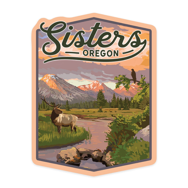 Sisters, Oregon, Elk and Mountain Stream at Sunset, Contour, Vinyl Sticker Sticker Lantern Press