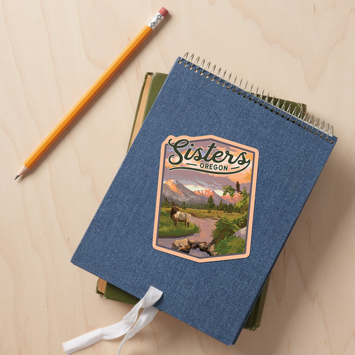 Sisters, Oregon, Elk and Mountain Stream at Sunset, Contour, Vinyl Sticker Sticker Lantern Press