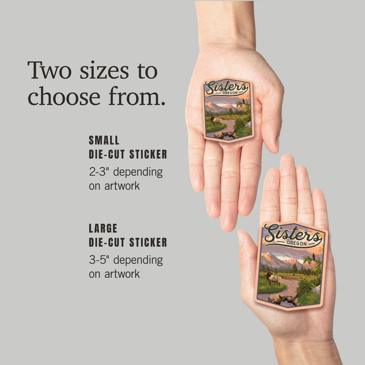 Sisters, Oregon, Elk and Mountain Stream at Sunset, Contour, Vinyl Sticker Sticker Lantern Press