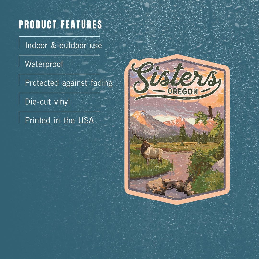Sisters, Oregon, Elk and Mountain Stream at Sunset, Contour, Vinyl Sticker Sticker Lantern Press