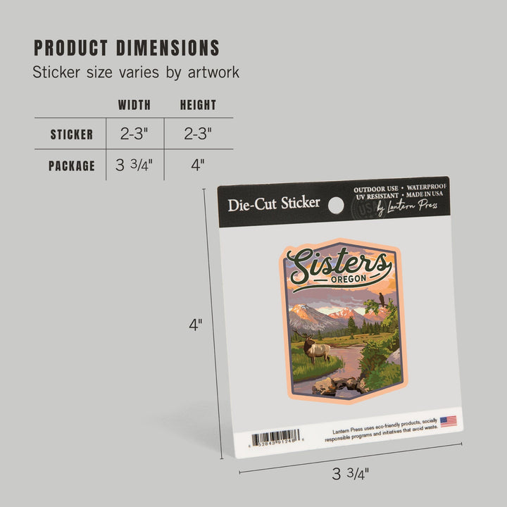 Sisters, Oregon, Elk and Mountain Stream at Sunset, Contour, Vinyl Sticker Sticker Lantern Press