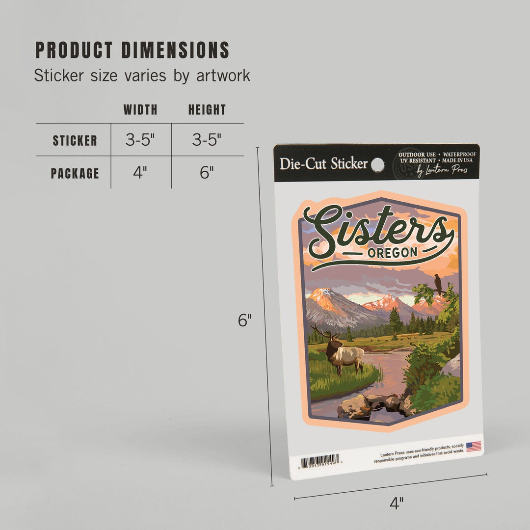 Sisters, Oregon, Elk and Mountain Stream at Sunset, Contour, Vinyl Sticker Sticker Lantern Press
