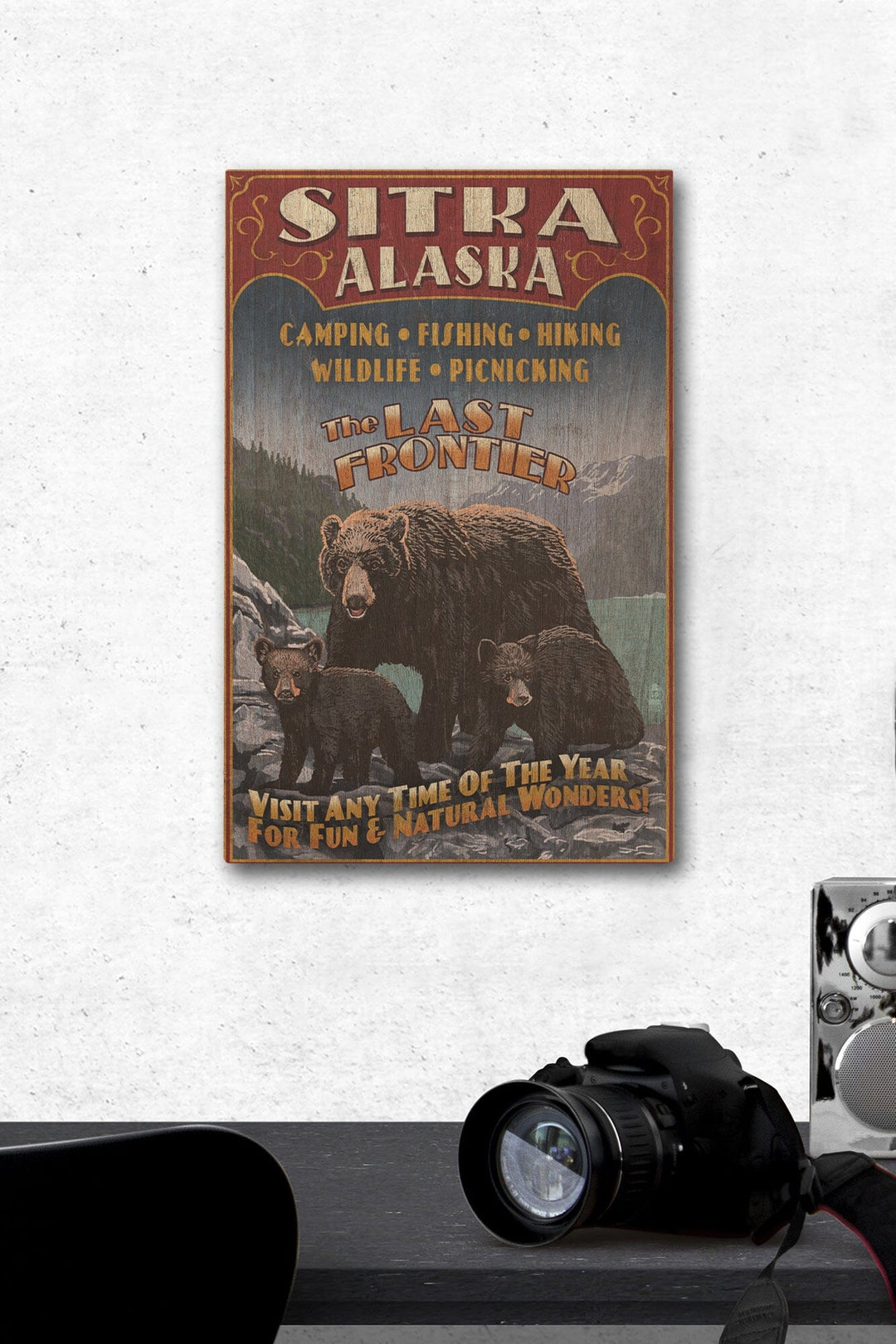 Sitka, Alaska, Black Bear Family Vintage Sign, Lantern Press Poster, Wood Signs and Postcards Wood Lantern Press 12 x 18 Wood Gallery Print