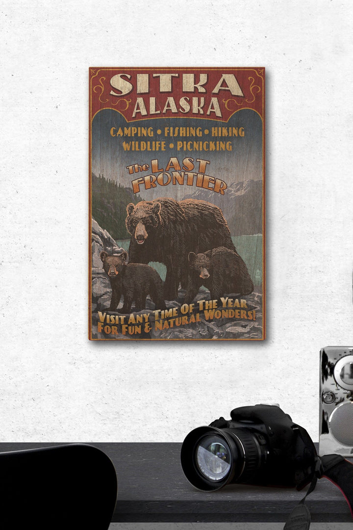 Sitka, Alaska, Black Bear Family Vintage Sign, Lantern Press Poster, Wood Signs and Postcards Wood Lantern Press 12 x 18 Wood Gallery Print
