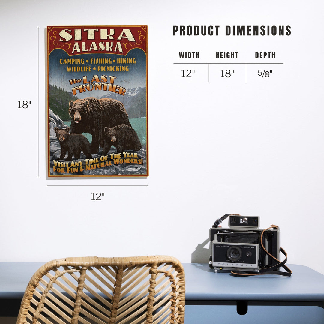 Sitka, Alaska, Black Bear Family Vintage Sign, Lantern Press Poster, Wood Signs and Postcards Wood Lantern Press