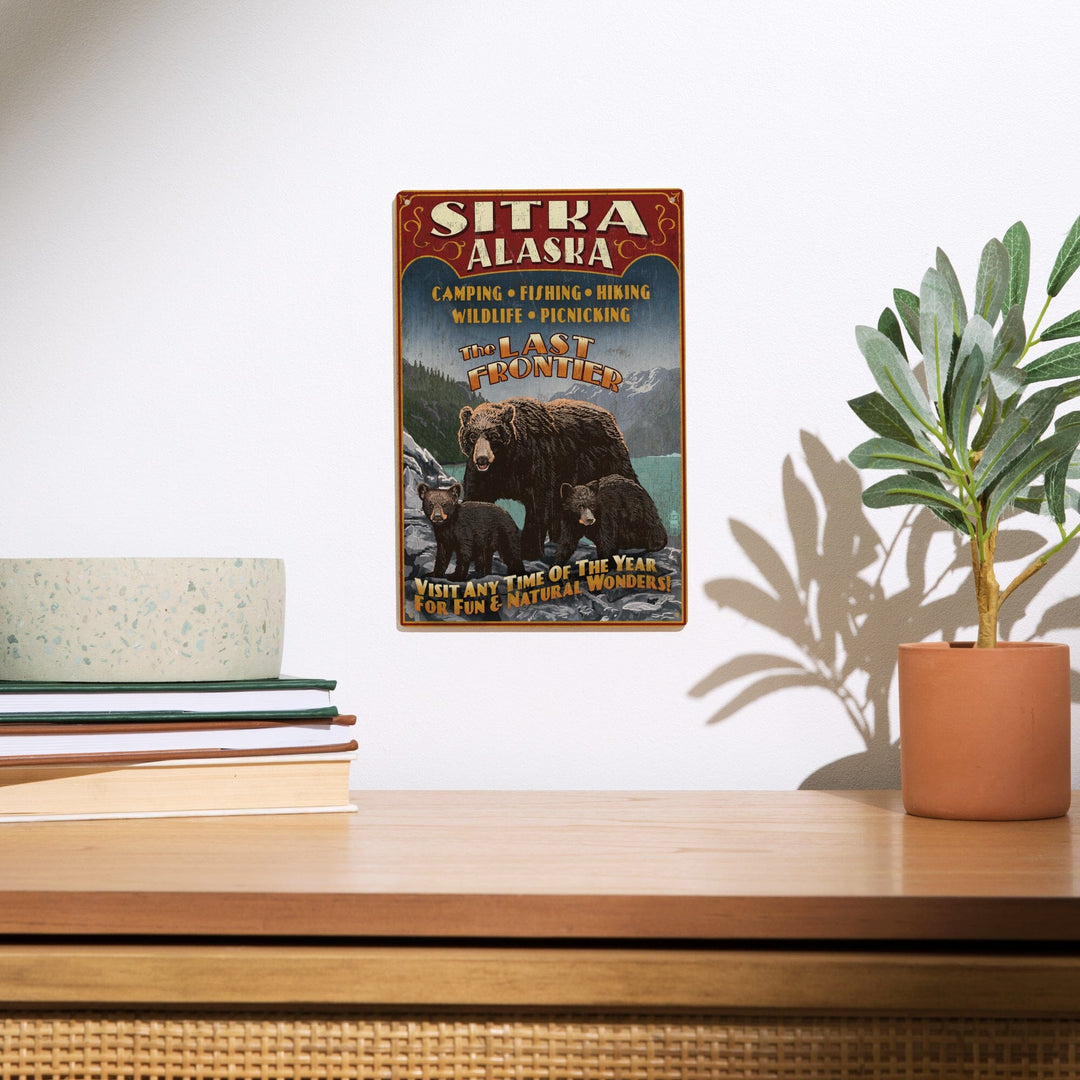 Sitka, Alaska, Black Bear Family Vintage Sign, Lantern Press Poster, Wood Signs and Postcards Wood Lantern Press