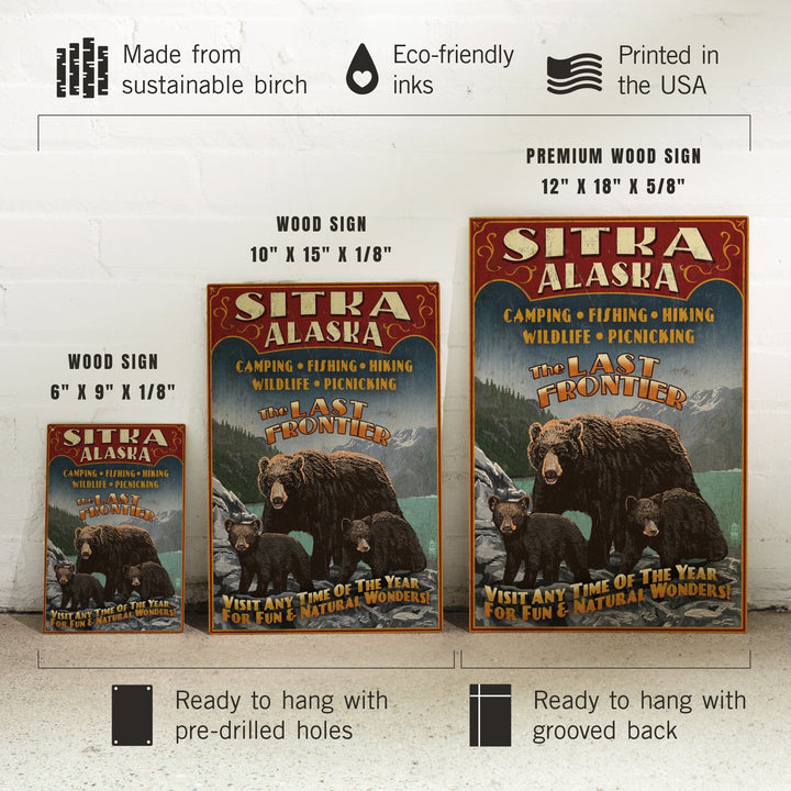 Sitka, Alaska, Black Bear Family Vintage Sign, Lantern Press Poster, Wood Signs and Postcards Wood Lantern Press