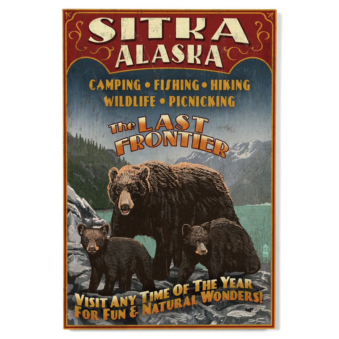 Sitka, Alaska, Black Bear Family Vintage Sign, Lantern Press Poster, Wood Signs and Postcards Wood Lantern Press