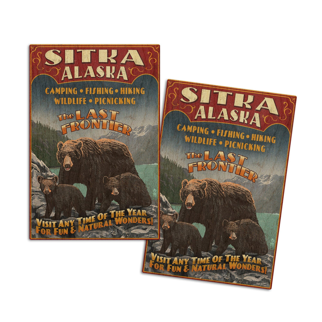 Sitka, Alaska, Black Bear Family Vintage Sign, Lantern Press Poster, Wood Signs and Postcards Wood Lantern Press 4x6 Wood Postcard Set