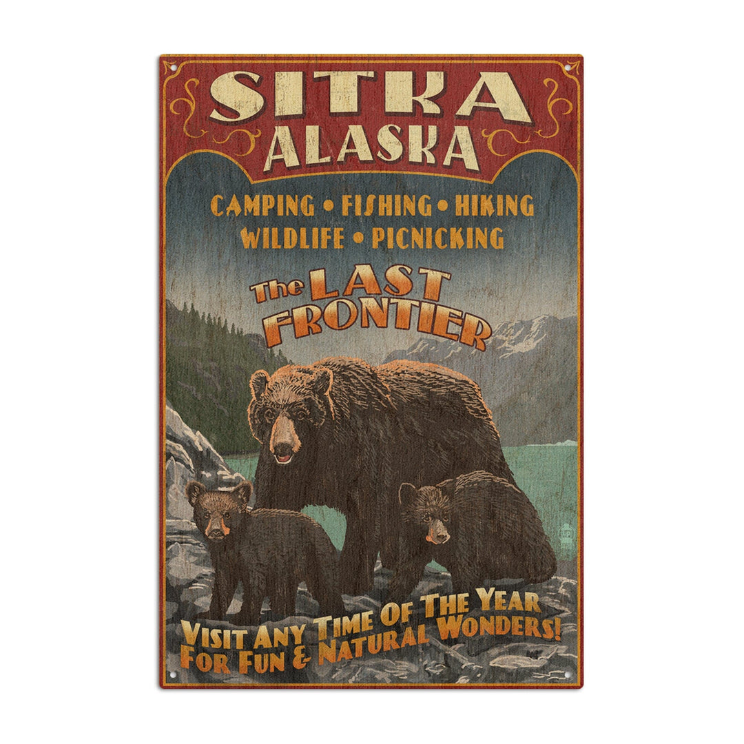 Sitka, Alaska, Black Bear Family Vintage Sign, Lantern Press Poster, Wood Signs and Postcards Wood Lantern Press 6x9 Wood Sign