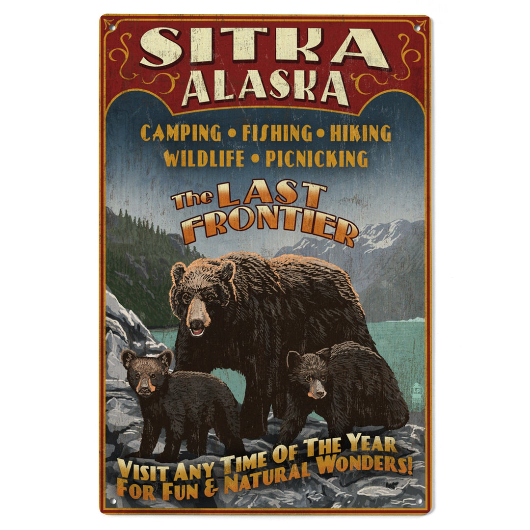 Sitka, Alaska, Black Bear Family Vintage Sign, Lantern Press Poster, Wood Signs and Postcards Wood Lantern Press
