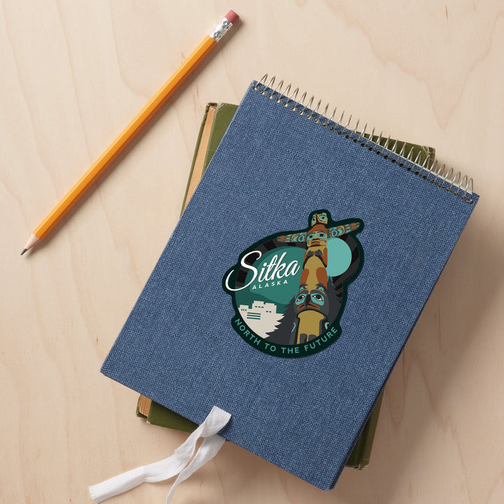 Sitka, Alaska, Totem, Contour, Lantern Press Artwork, Vinyl Sticker Sticker Lantern Press