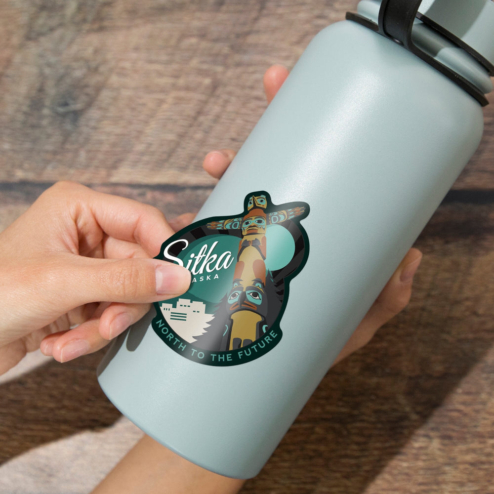 Sitka, Alaska, Totem, Contour, Lantern Press Artwork, Vinyl Sticker Sticker Lantern Press