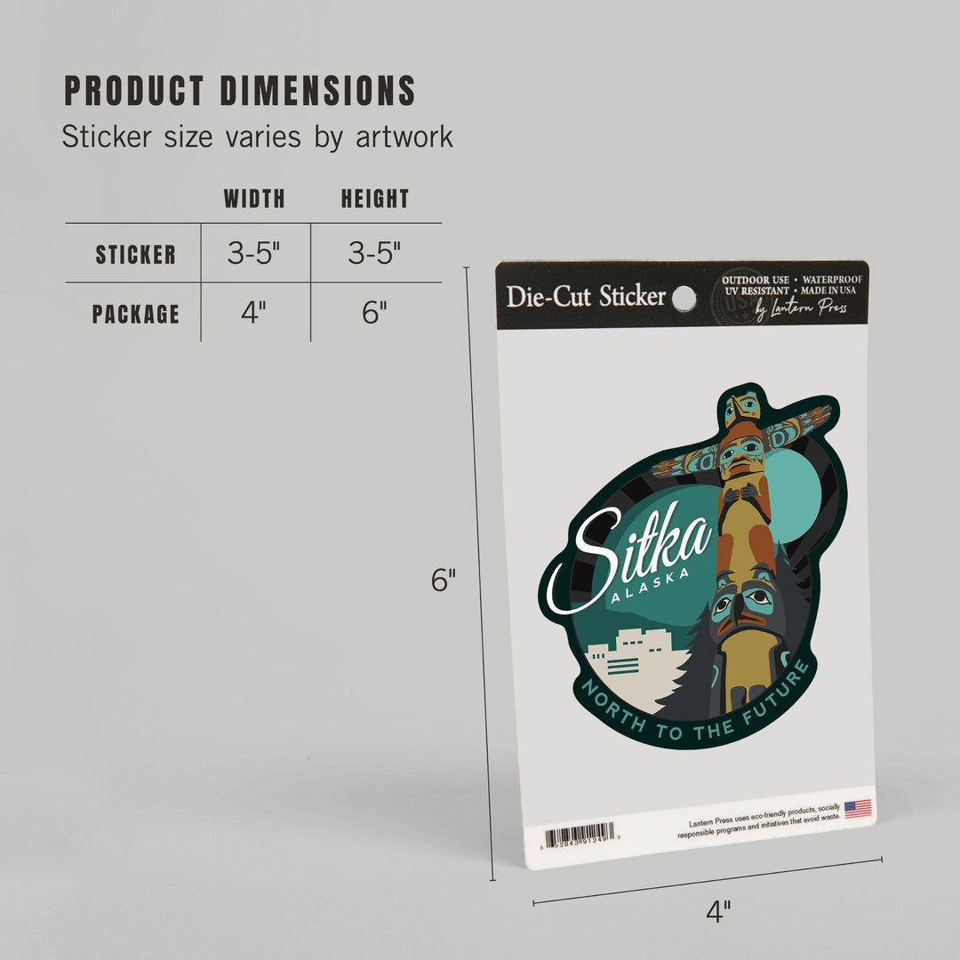 Sitka, Alaska, Totem, Contour, Lantern Press Artwork, Vinyl Sticker Sticker Lantern Press