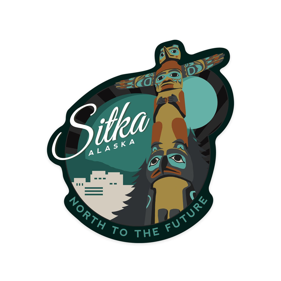 Sitka, Alaska, Totem, Contour, Lantern Press Artwork, Vinyl Sticker Sticker Lantern Press