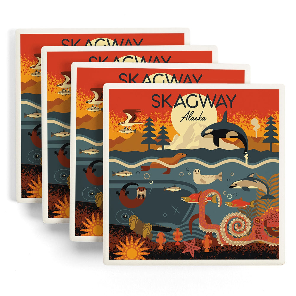 Skagway, Alaska, Geometric, Marine Animals, Coasters Coasters Lantern Press