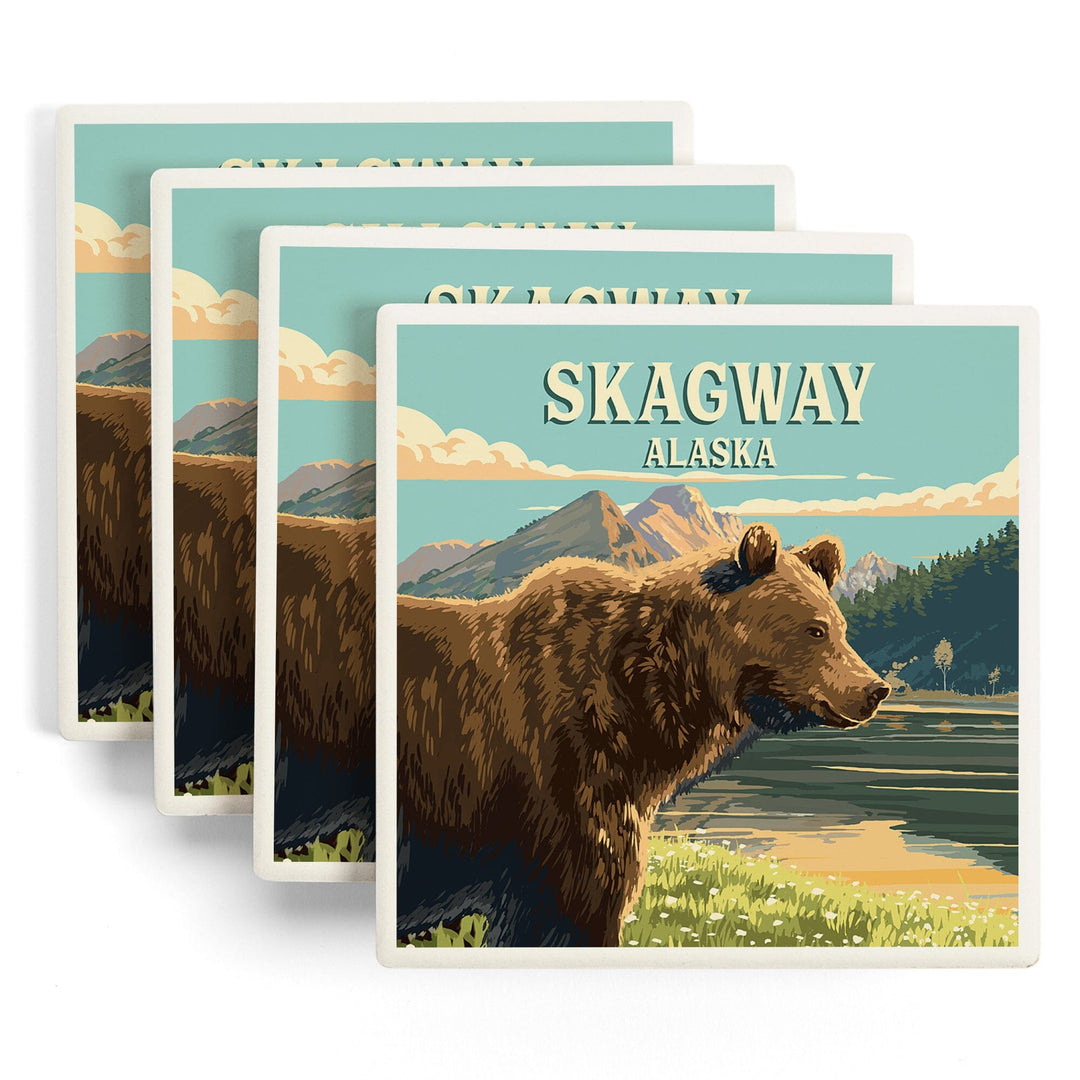 Skagway, Alaska, Painterly, Bear, Coasters Coasters Lantern Press