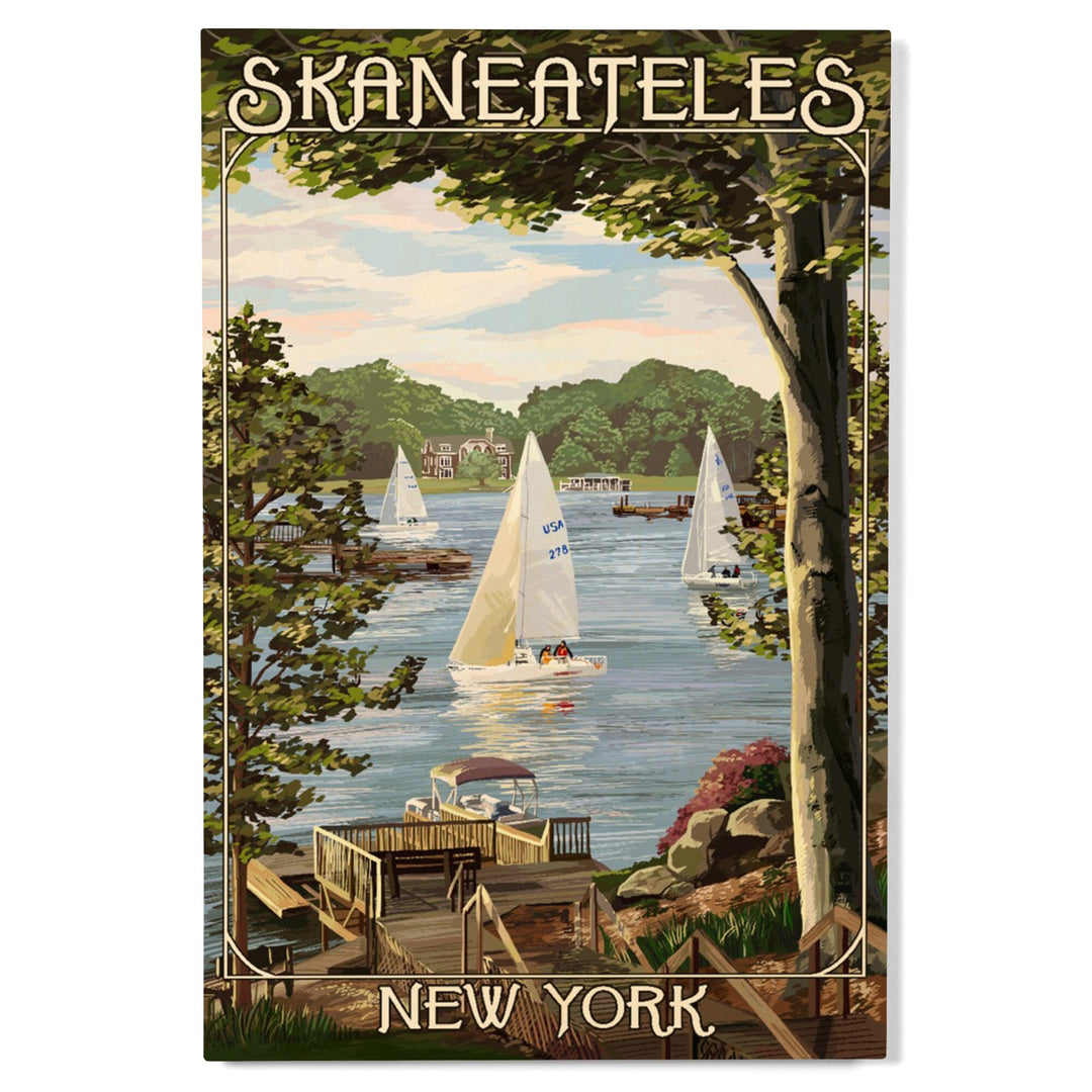 Skaneateles, New York, Lake View with Sailboats, Lantern Press Artwork, Wood Signs and Postcards Wood Lantern Press