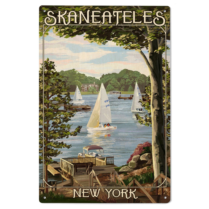 Skaneateles, New York, Lake View with Sailboats, Lantern Press Artwork, Wood Signs and Postcards Wood Lantern Press