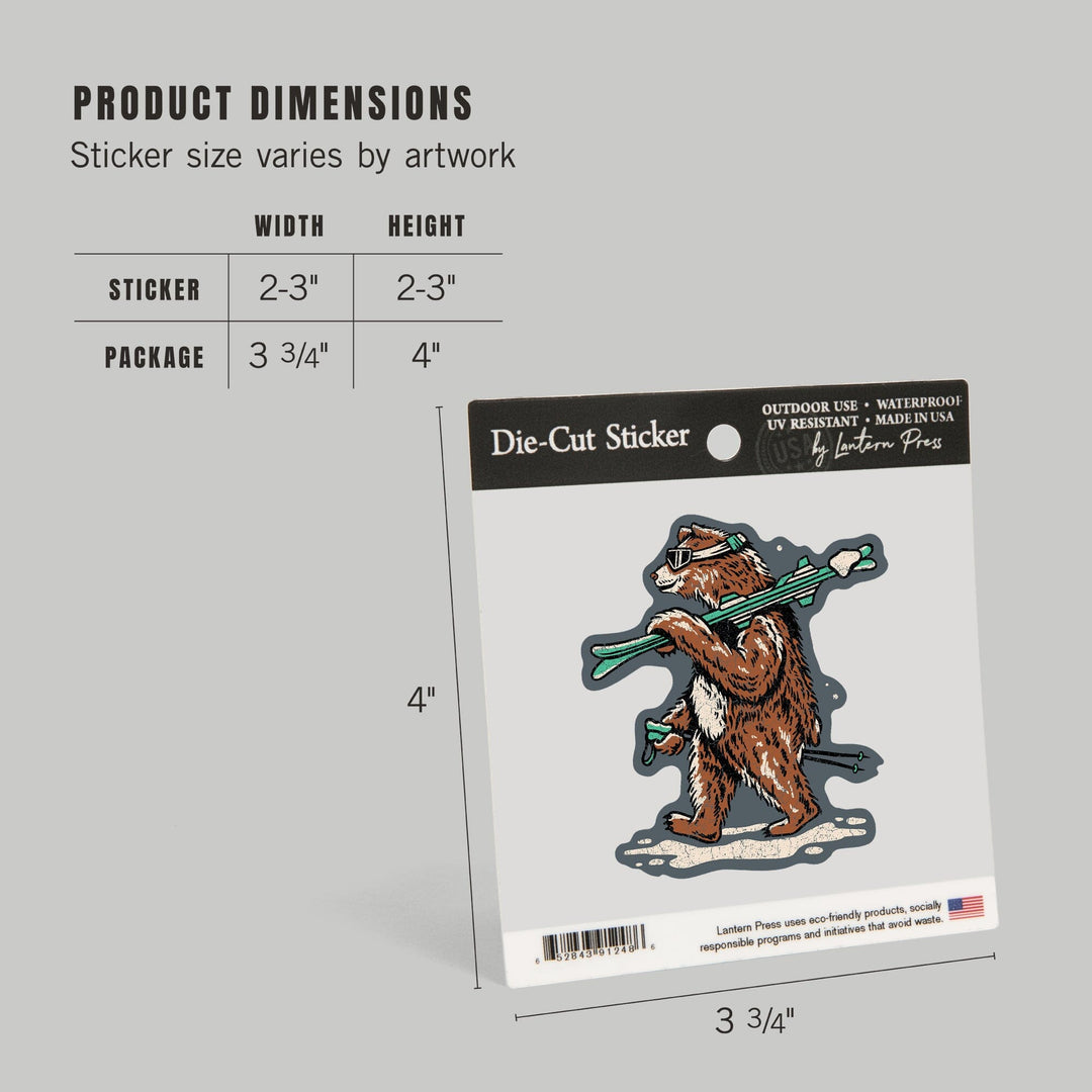 Ski Bear, Distressed Vector, Lantern Press Artwork, Vinyl Sticker Sticker Lantern Press