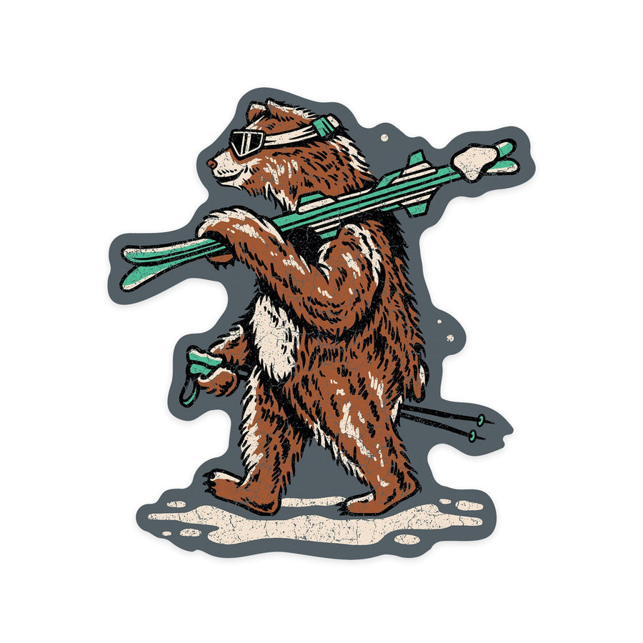 Ski Bear, Distressed Vector, Lantern Press Artwork, Vinyl Sticker Sticker Lantern Press