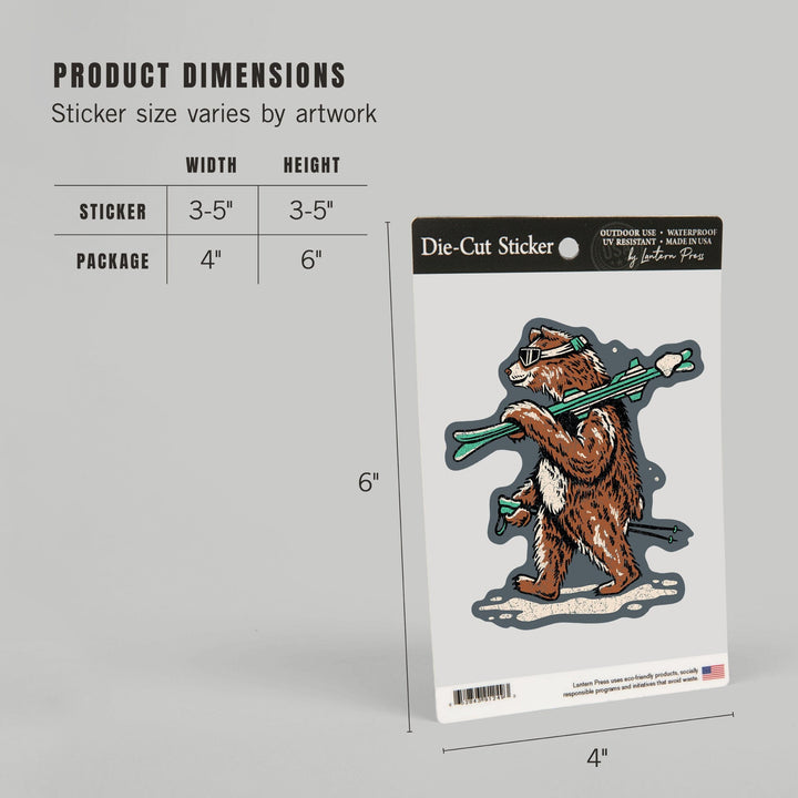Ski Bear, Distressed Vector, Lantern Press Artwork, Vinyl Sticker Sticker Lantern Press