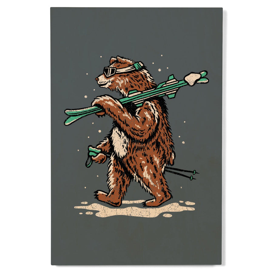 Ski Bear, Distressed Vector, Lantern Press Artwork, Wood Signs and Postcards Wood Lantern Press