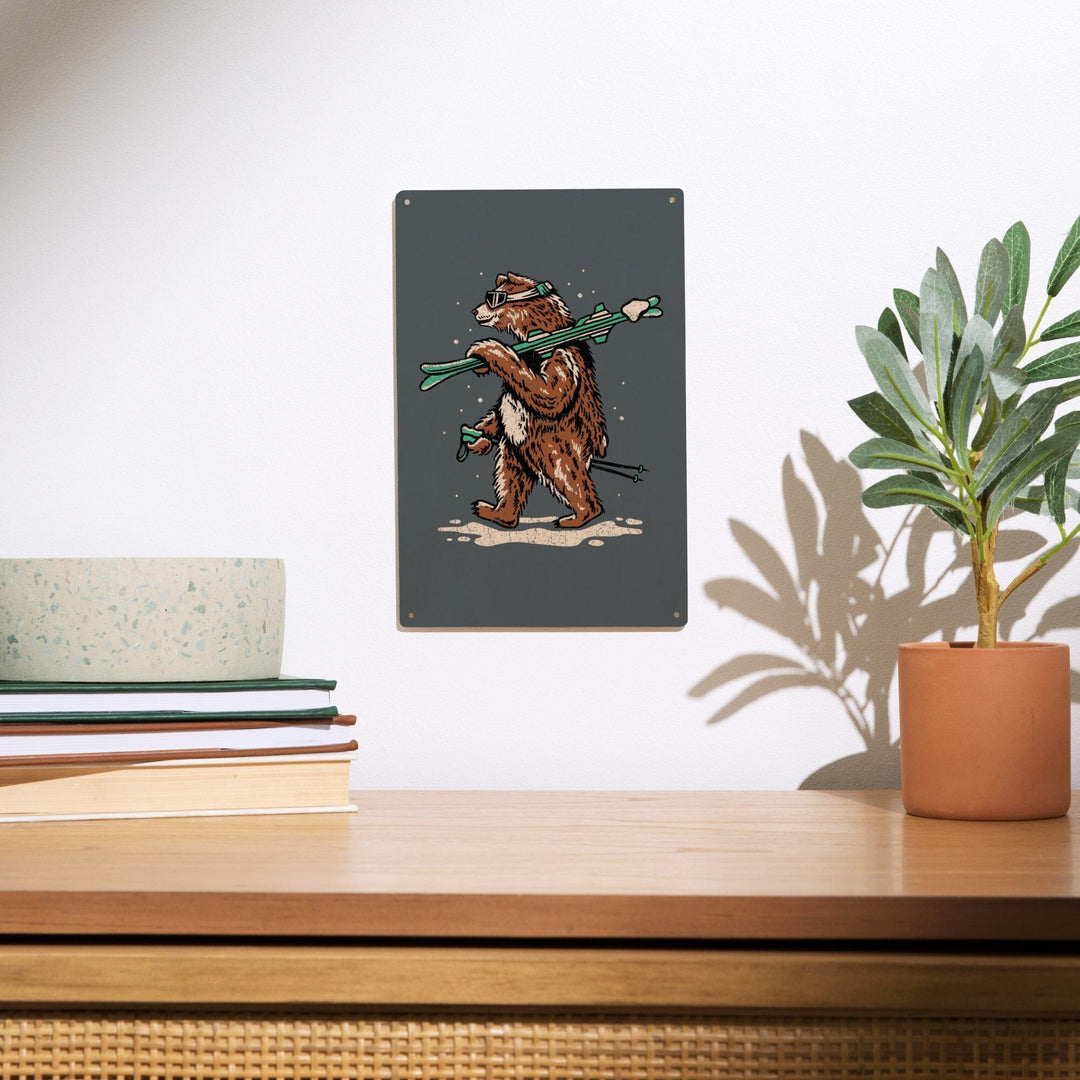 Ski Bear, Distressed Vector, Lantern Press Artwork, Wood Signs and Postcards Wood Lantern Press