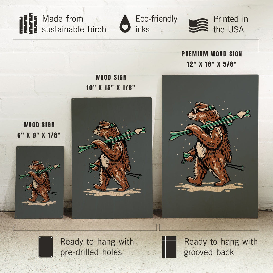 Ski Bear, Distressed Vector, Lantern Press Artwork, Wood Signs and Postcards Wood Lantern Press