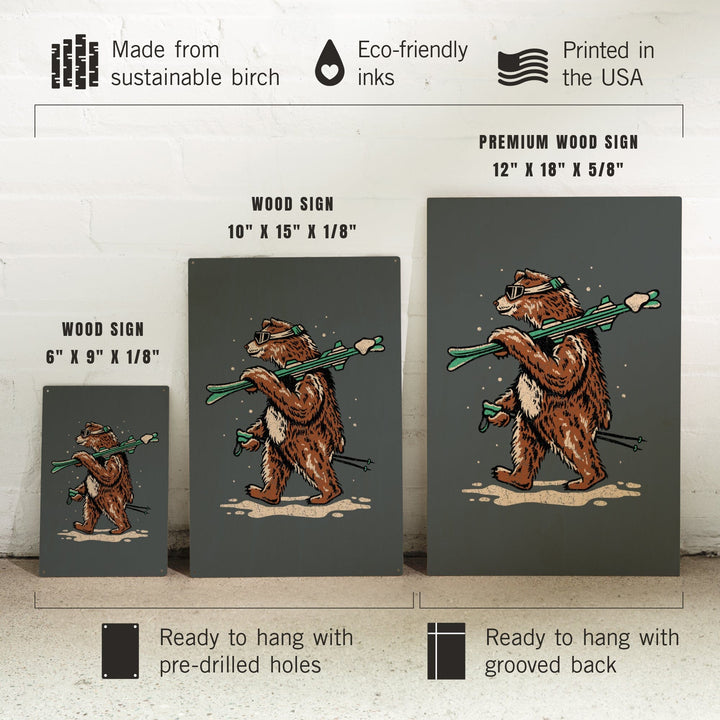 Ski Bear, Distressed Vector, Lantern Press Artwork, Wood Signs and Postcards Wood Lantern Press