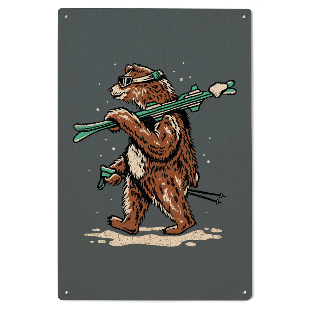 Ski Bear, Distressed Vector, Lantern Press Artwork, Wood Signs and Postcards Wood Lantern Press