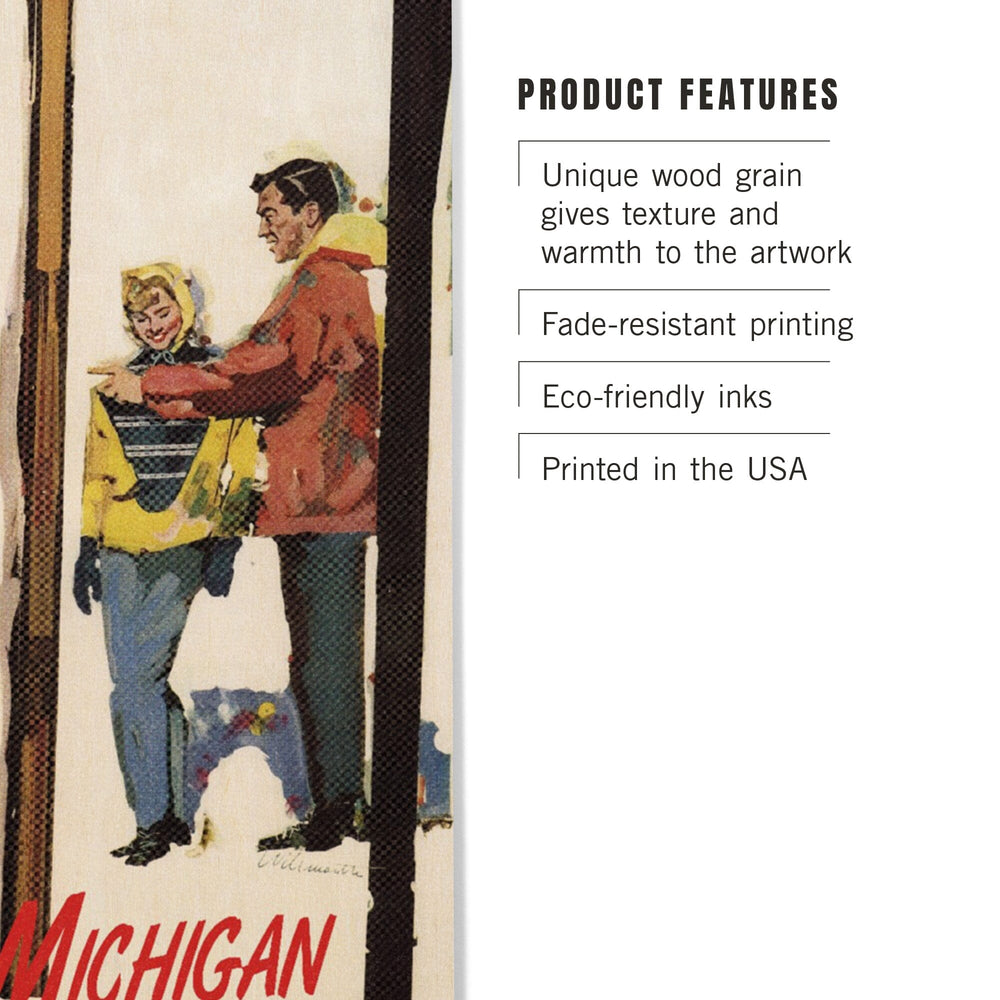 Ski Michigan, Couple by Skis in the Snow, Lantern Press Artwork, Wood Signs and Postcards Wood Lantern Press
