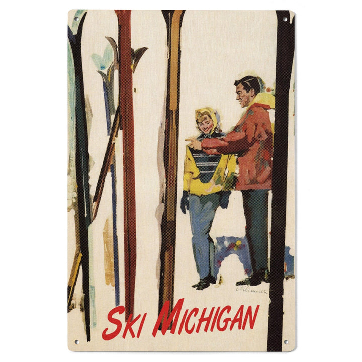 Ski Michigan, Couple by Skis in the Snow, Lantern Press Artwork, Wood Signs and Postcards Wood Lantern Press