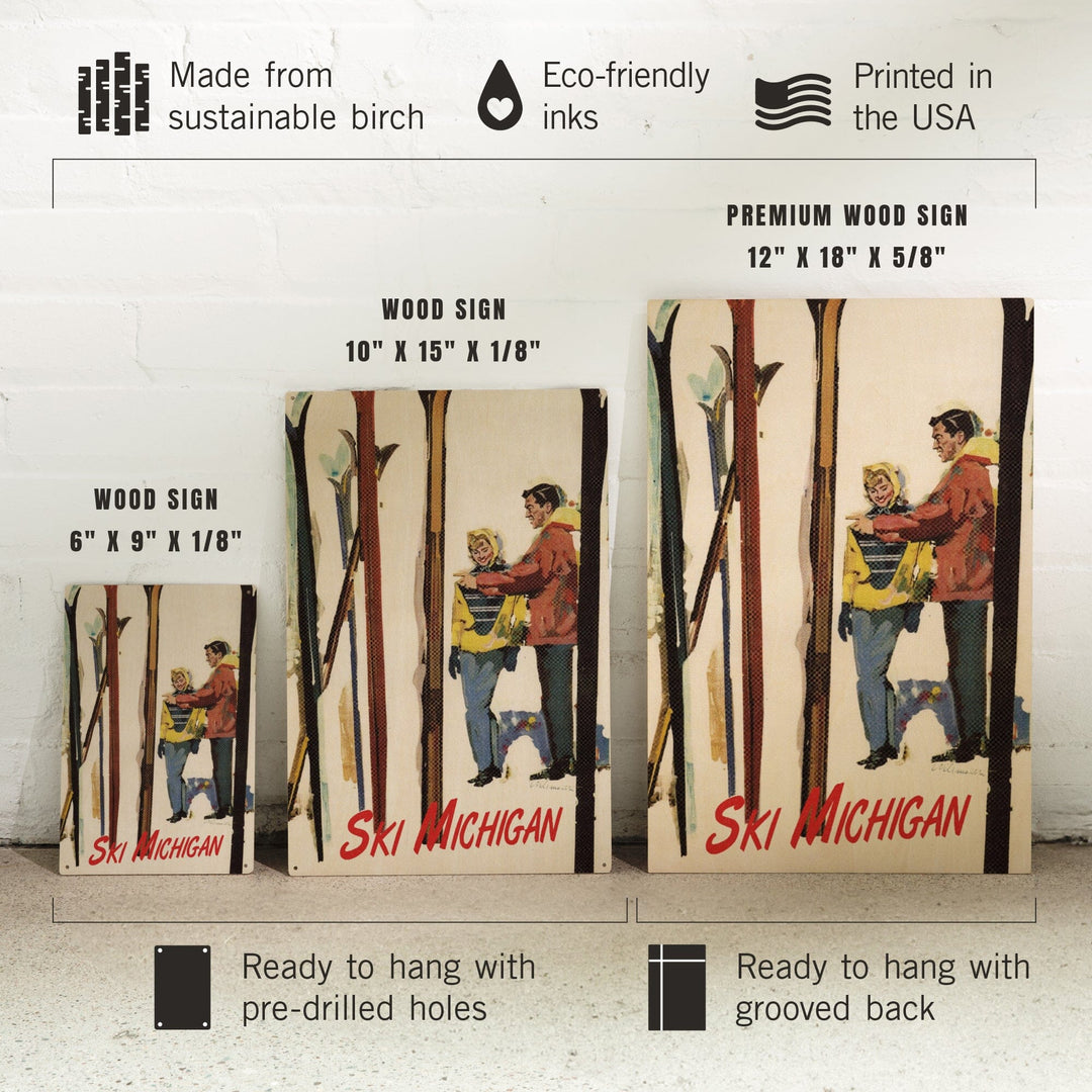 Ski Michigan, Couple by Skis in the Snow, Lantern Press Artwork, Wood Signs and Postcards Wood Lantern Press