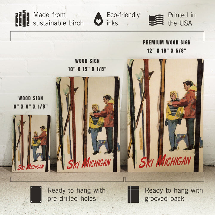 Ski Michigan, Couple by Skis in the Snow, Lantern Press Artwork, Wood Signs and Postcards Wood Lantern Press