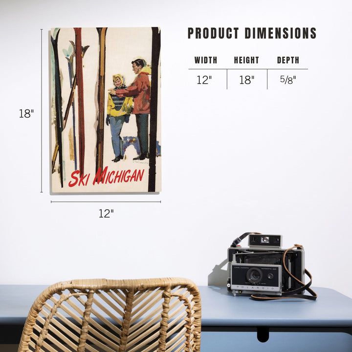 Ski Michigan, Couple by Skis in the Snow, Lantern Press Artwork, Wood Signs and Postcards Wood Lantern Press