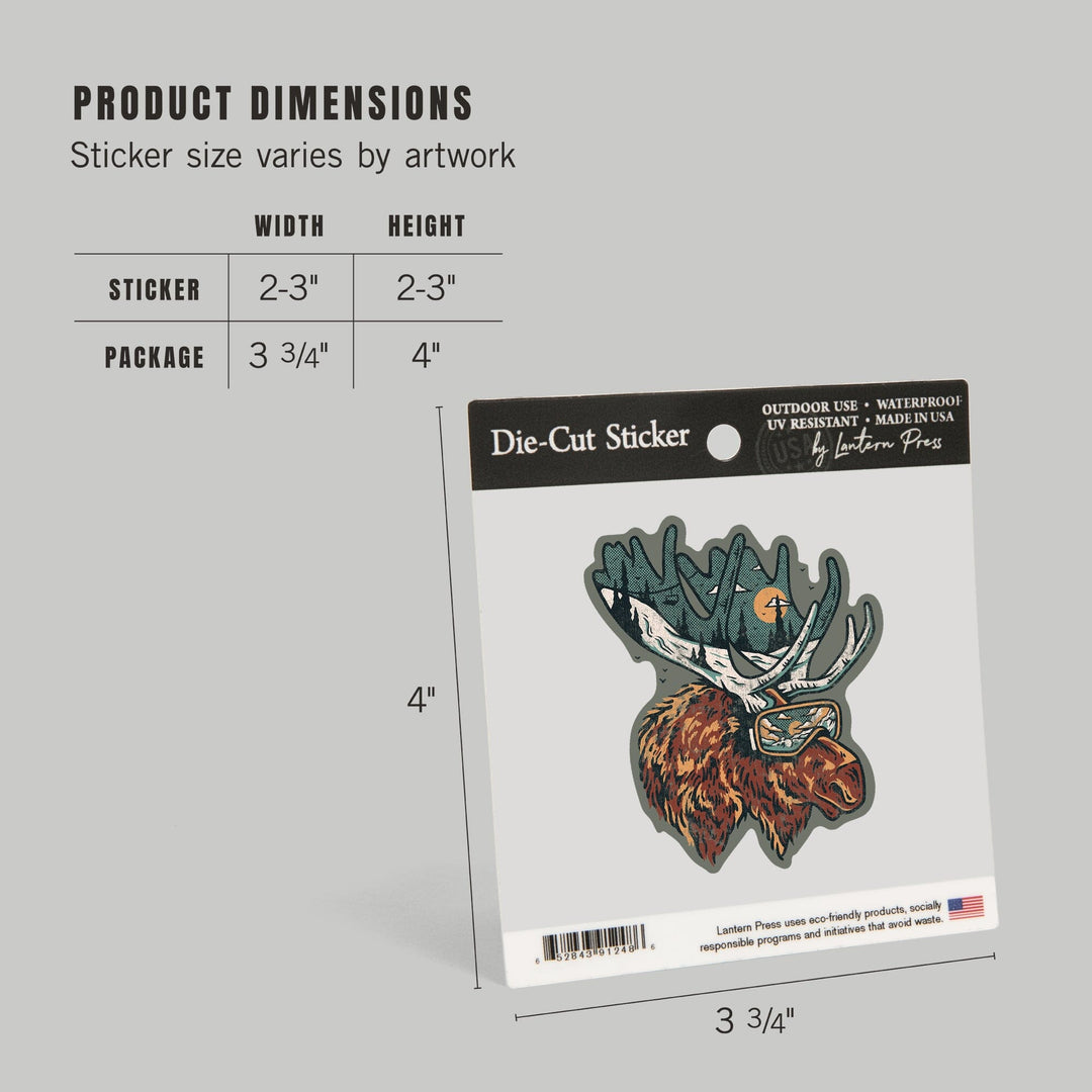 Ski Moose, Distressed Vector, Lantern Press Artwork, Vinyl Sticker Sticker Lantern Press