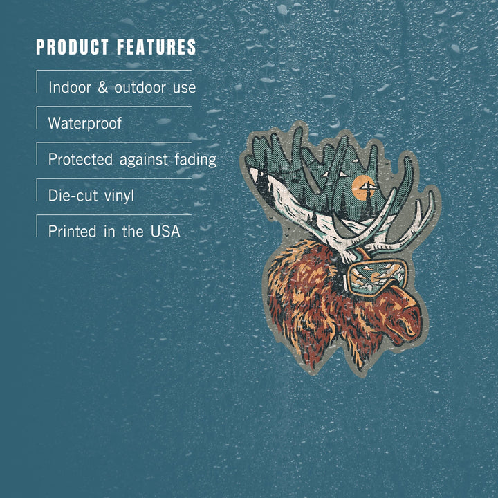 Ski Moose, Distressed Vector, Lantern Press Artwork, Vinyl Sticker Sticker Lantern Press
