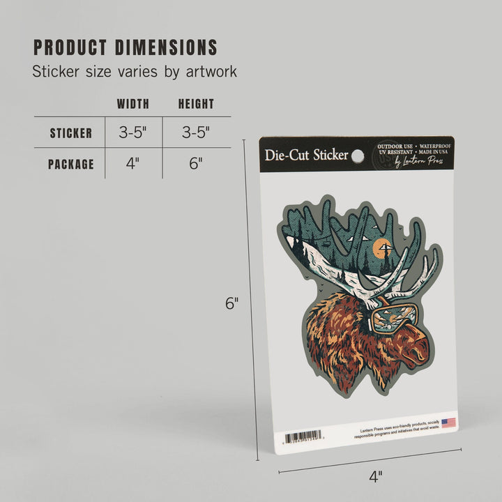Ski Moose, Distressed Vector, Lantern Press Artwork, Vinyl Sticker Sticker Lantern Press