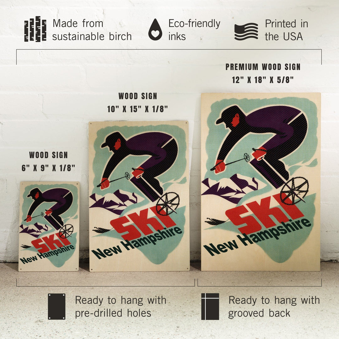 Ski New Hampshire, Retro Skier, Lantern Press Artwork, Wood Signs and Postcards Wood Lantern Press