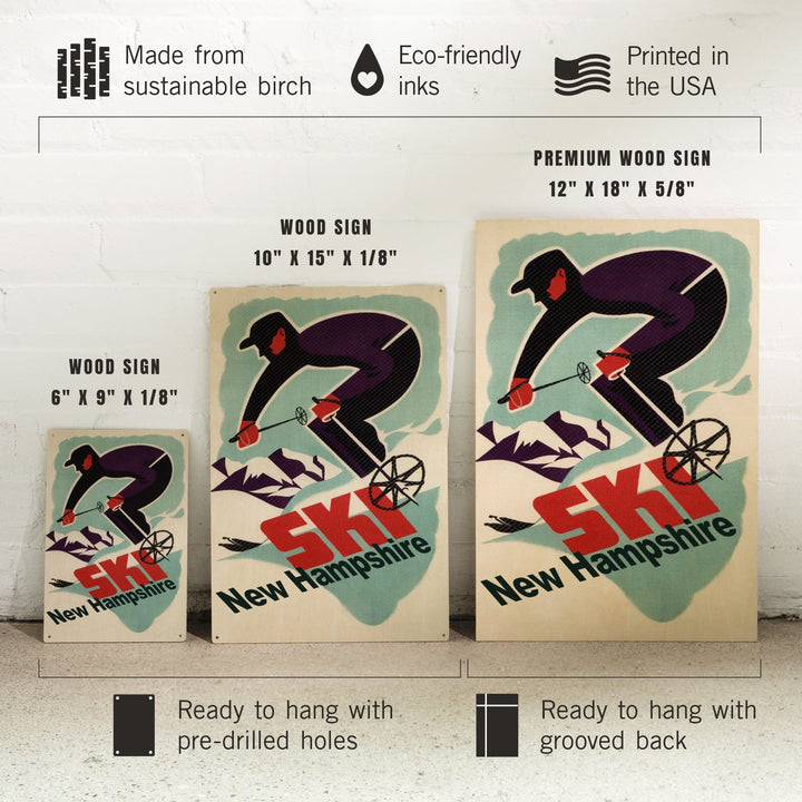Ski New Hampshire, Retro Skier, Lantern Press Artwork, Wood Signs and Postcards Wood Lantern Press