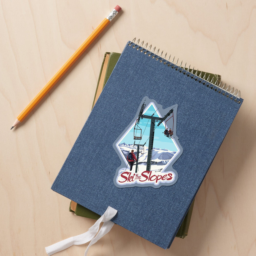 Ski the Slopes, Ski Lift Day Scene, Contour, Lantern Press Artwork, Vinyl Sticker Sticker Lantern Press