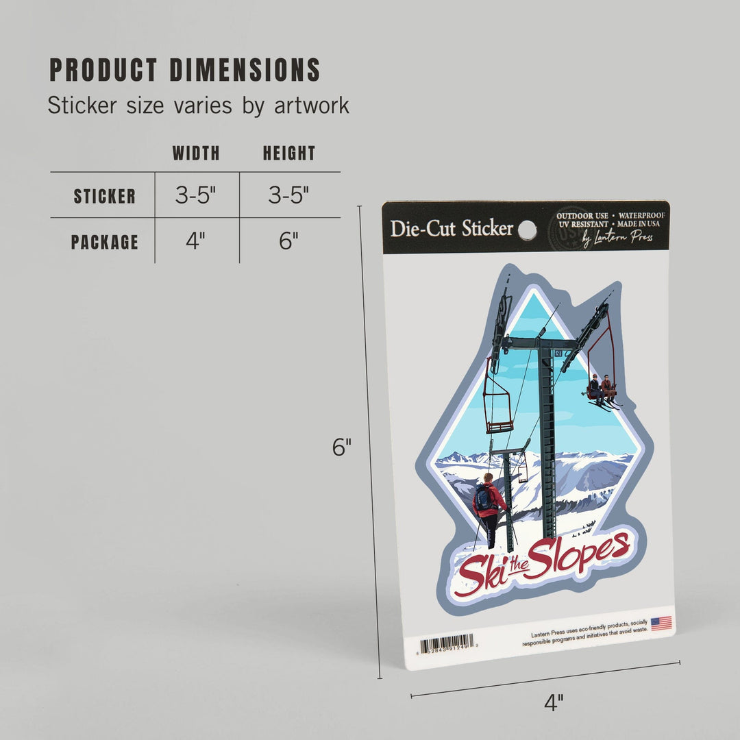 Ski the Slopes, Ski Lift Day Scene, Contour, Lantern Press Artwork, Vinyl Sticker Sticker Lantern Press