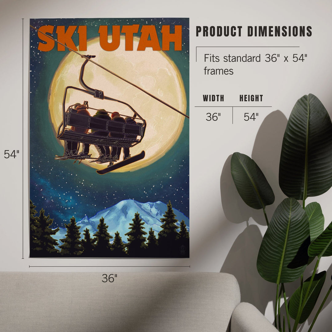 Ski Utah, Ski Lift and Full Moon, Art & Giclee Prints Art Lantern Press