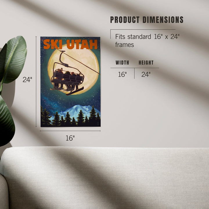Ski Utah, Ski Lift and Full Moon, Art & Giclee Prints Art Lantern Press