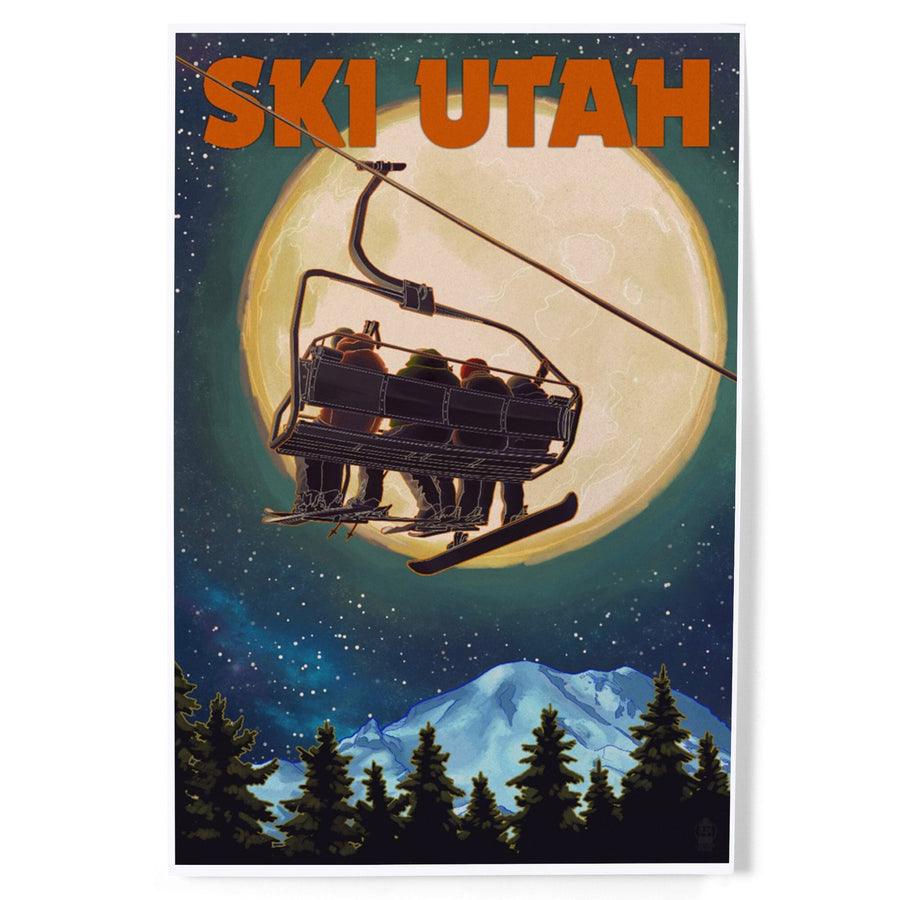 Ski Utah, Ski Lift and Full Moon, Art & Giclee Prints Art Lantern Press