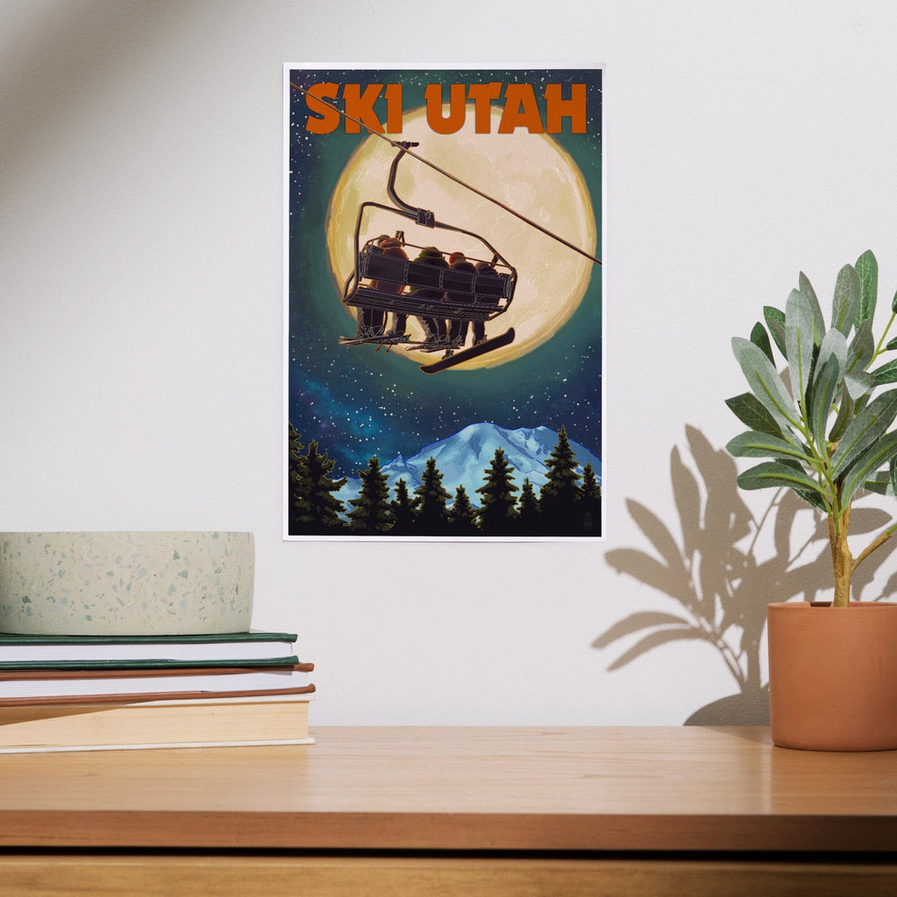 Ski Utah, Ski Lift and Full Moon, Art & Giclee Prints Art Lantern Press